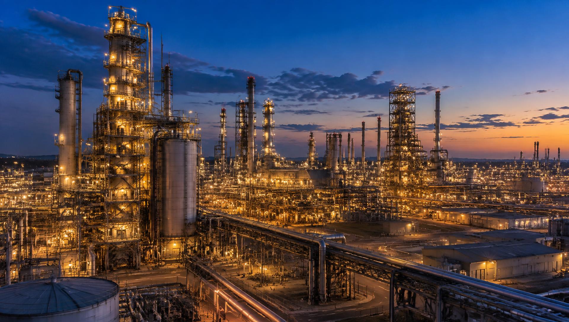 Planta industrial ao entardecer com estruturas metálicas e andaimes